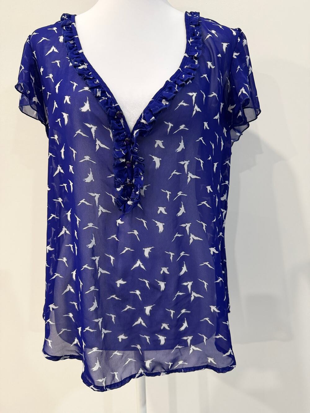 Lily Rose Blue Bird Print Sheer Blouse L | V-Neck | Career Chic | Coastal